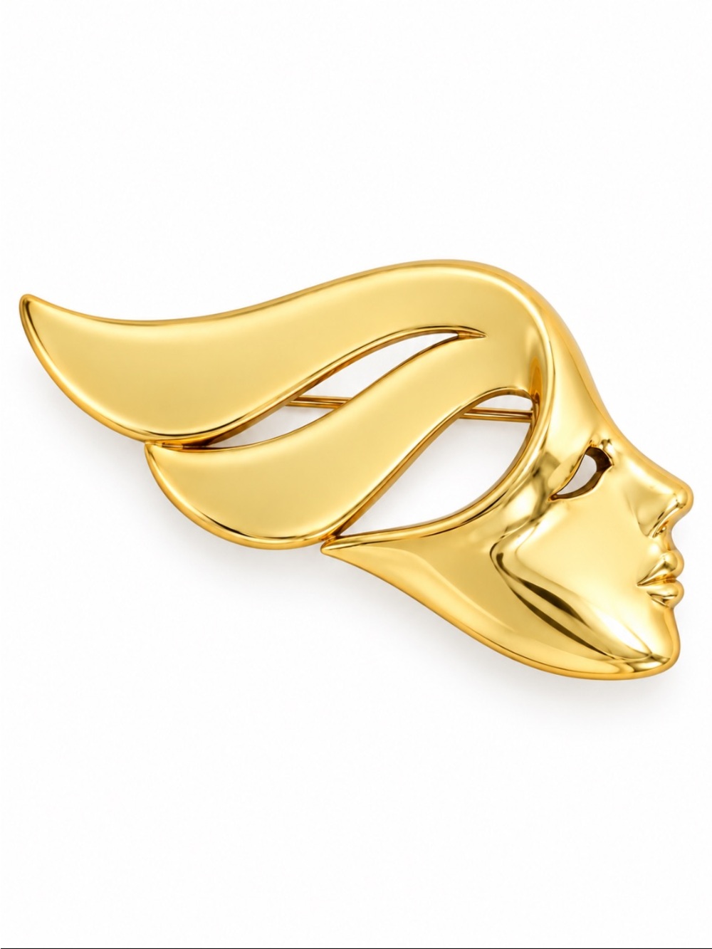 Vintage Gold Tone Woman Flowy Hair Profile Brooch